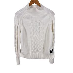 Calvin‎ Klein Jeans Sweater Women's Size XL Cream Cable Knit Crew Neck Pullover